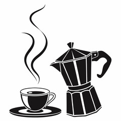 Aromatic coffee brewing moka pot and cup