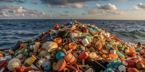 Massive amount of used plastic waste drifting in ocean symbolizing environmental disaster and oceanic pollution