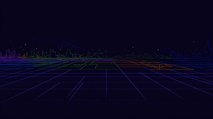 Retro futuristic cityscape with digital grid