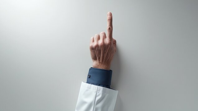 Top-down view of a middle-aged man's hand in a white sleeve pointing upward with one finger on a light gray background. Clean, minimal image perfect for concepts like direction, instruction, or focus.