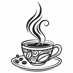 Ornate coffee cup with steam and beans