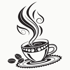 Aromatic coffee cup with steam and beans