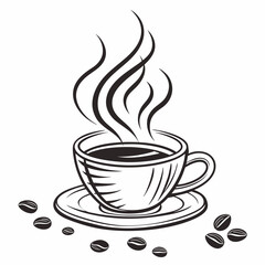 Steaming cup of coffee with coffee beans