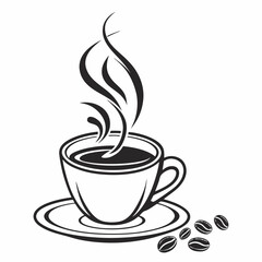 Steaming cup of coffee with coffee beans