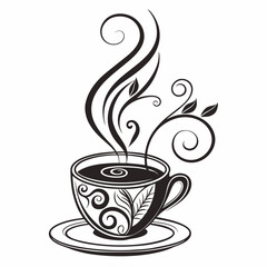 Ornate teacup with swirling steam and leaves