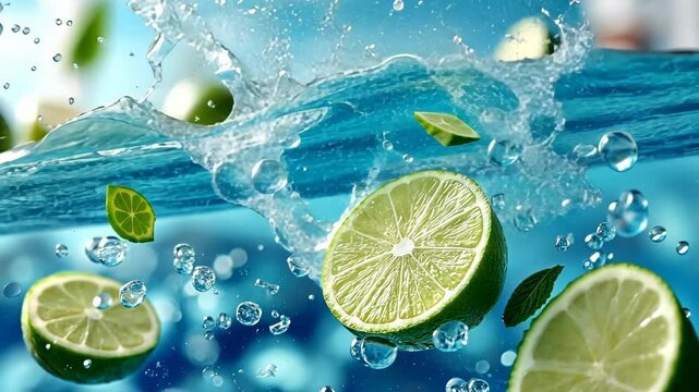 Lime slices and mint leaves splash in clear water for a refreshing summer drink experience