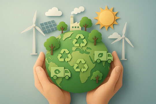 Green sustainable supply chain procurement concept with hands holding earth and eco friendly symbols for environment care