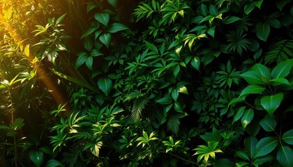 Lush Tropical Rainforest Sunlight Through Deep Green Foliage