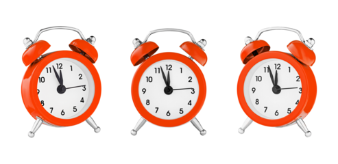 classic watch, pointer clock, Orange color alarm watch on isolated white background close up