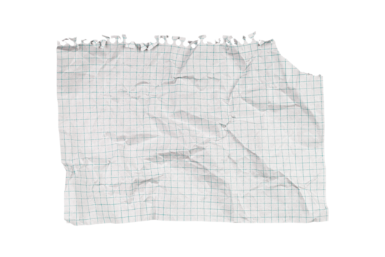 A crumpled torn checkered paper on a white background suits creative and recycling projects. Its textured, rugged look adds a unique appeal for artistic designs.