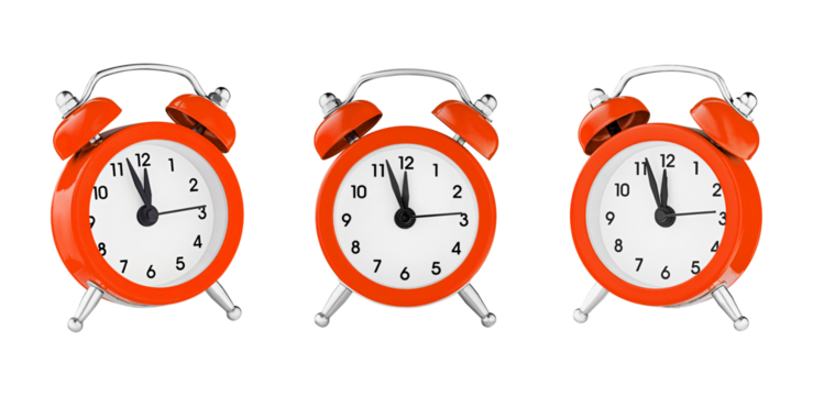 classic watch, pointer clock, Orange color alarm watch on isolated white background close up