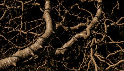 Intricate Web of Twisted Branches A Dark, Textured Nature Photograph