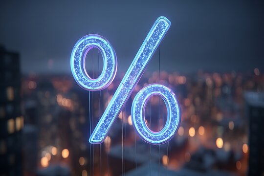 A glowing percentage symbol floating above a cityscape at night, symbolizing economic growth and success in a bustling metropolis. - Powered by Adobe