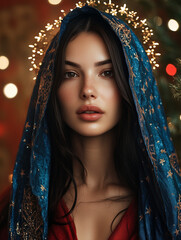 Christmas portrait of Virgin Mary in blue robe with stars

