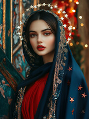 Radiant image of Virgin Mary in holiday setting
