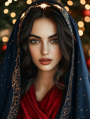 Radiant image of Virgin Mary in holiday setting
