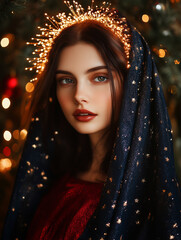 Radiant image of Virgin Mary in holiday setting

