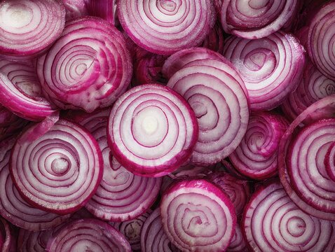 Close-up of fresh sliced red onions showing vibrant purple and white concentric s and textures