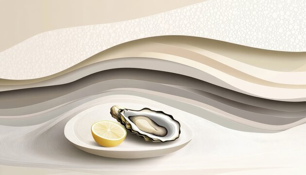 A horizontal illustration for Oyster Day, showing a single opened oyster on a ceramic plate with a lemon wedge beside it.  - Powered by Adobe