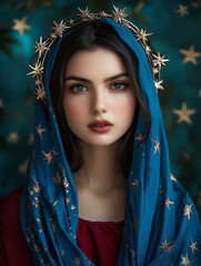 Holy Mary with glowing halo and festive background
