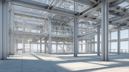 High Detail BIM Model Rendering of Steel Frame Structure Interior