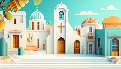 A horizontal illustration for Fiesta de San Salvador, showing a peaceful town square with subtle decorations and a central cross-shaped monument. 