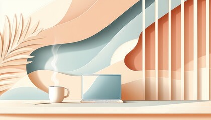 A horizontal illustration for Blogger Day, showing a laptop on a clean desk with a steaming cup beside it, and a simple notepad open. No people are present. 