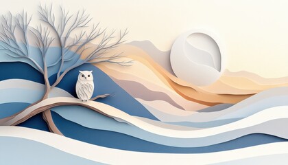 A horizontal illustration for Owl Awareness Day, showing a single owl perched calmly on a tree branch at dusk, with a soft moon glowing in the background. 