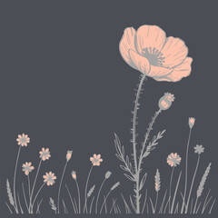 Beautiful illustration of large poppy flower alongside smaller wildflowers, set against dark background, creating serene and artistic vibe