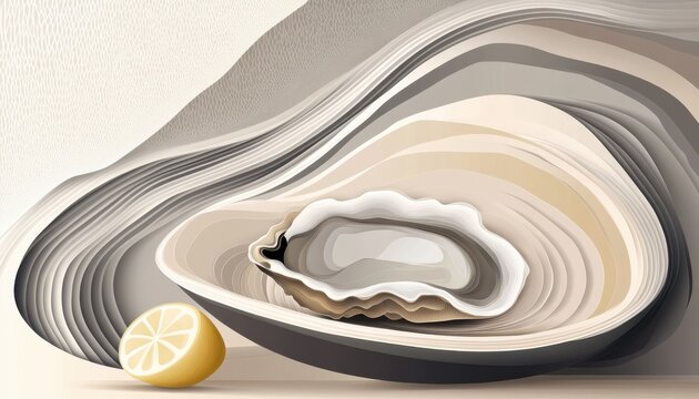 A horizontal illustration for Oyster Day, showing a single opened oyster on a ceramic plate with a lemon wedge beside it. 
