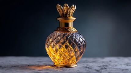 A golden perfume bottle against a dark, moody background, highlighting its luxurious design and timeless appeal.
