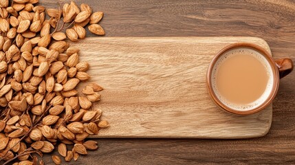 Chai Tea Still Life Brown Mug on Cutting Board Surrounded By Brown Nuts Overhead