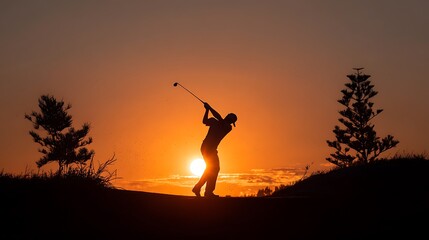 A golden sunset casts a warm glow on the silhouette of a golfer swinging through the air, with the suna??s rays piercing the horizon.