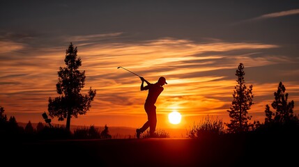 A golden sunset casts a warm glow on the silhouette of a golfer swinging through the air, with the suna??s rays piercing the horizon.