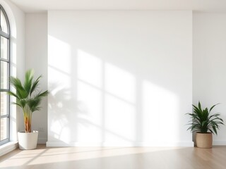 Bright interior mockup with a blank wall, large window, and two potted plants. Sunlight casts shadows on the wooden floor, creating a serene atmosphere.