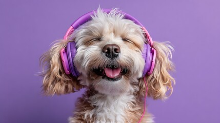 A happy puppy wearing headphones, its joyful expression captured against a vibrant purple background, symbolizing fun and energy.