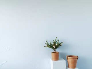 Minimalist interior mockup featuring a light blue wall, two white pedestals, a small potted plant, and a woven basket.