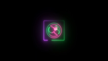Abstract Neon Gear Icon with Square Border on Black Background Modern and Futuristic Design neon