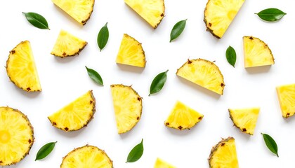 Naklejka premium Pineapple slices with leaves on white.