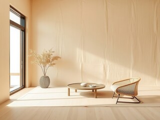 A minimalist interior scene featuring a light-colored wall, a round wooden coffee table, a rattan chair, and a decorative vase with dried plants. Natural light fills the space.