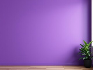 A modern interior featuring a vibrant purple wall and a potted green plant on a wooden floor. The space is bright and minimalistic, ideal for mockup designs.