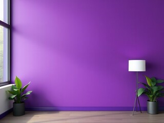 A modern interior with a vibrant purple wall, two green potted plants, and a stylish floor lamp. Natural light streams through a large window.