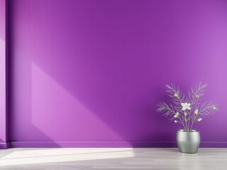 A modern interior with a vibrant purple wall and a silver pot containing decorative flowers. Natural light casts shadows on the floor.