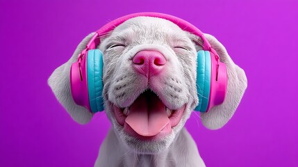 A happy puppy wearing headphones, its joyful expression captured against a vibrant purple background, symbolizing fun and energy.