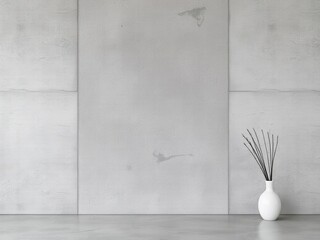 Minimalist interior with a gray concrete wall and a white vase containing dry branches. The scene emphasizes modern design and simplicity.