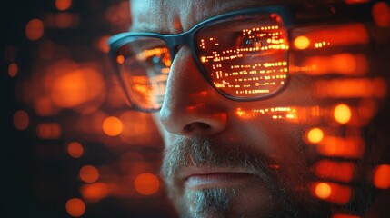 Man viewing code reflection in glasses with bokeh background