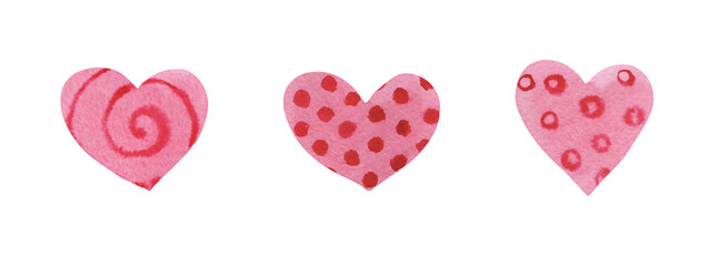 Set of textured watercolor pink hearts polka dot circles spiral hand drawn wet effect