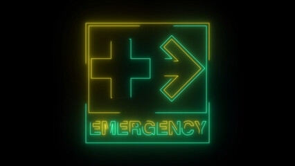 Neon Emergency Sign with Cross and Arrow Glowing on a Dark Background This image shows