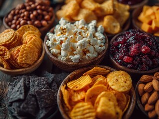 Fototapeta premium Assorted Snack Bowls with Popcorn Chips Dried Fruit Nuts and Chocolate Cookies Close Up