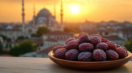 A wooden bowl of dates sits on a table against a blurred backdrop of a grand mosque at sunset, overlooking a cityscape